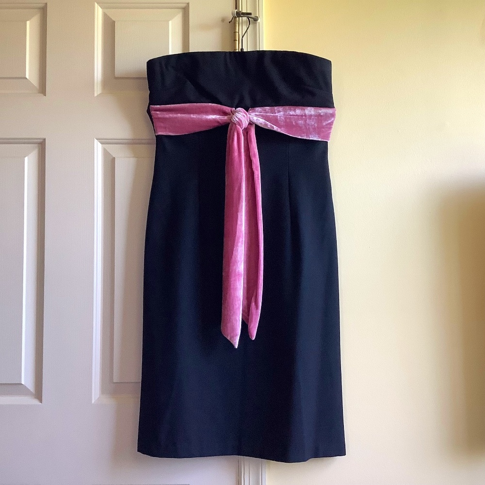 Lord &Taylor Vintage Ruth Strapless Midi Dress Tie Front Silk Panels Black SZ 10